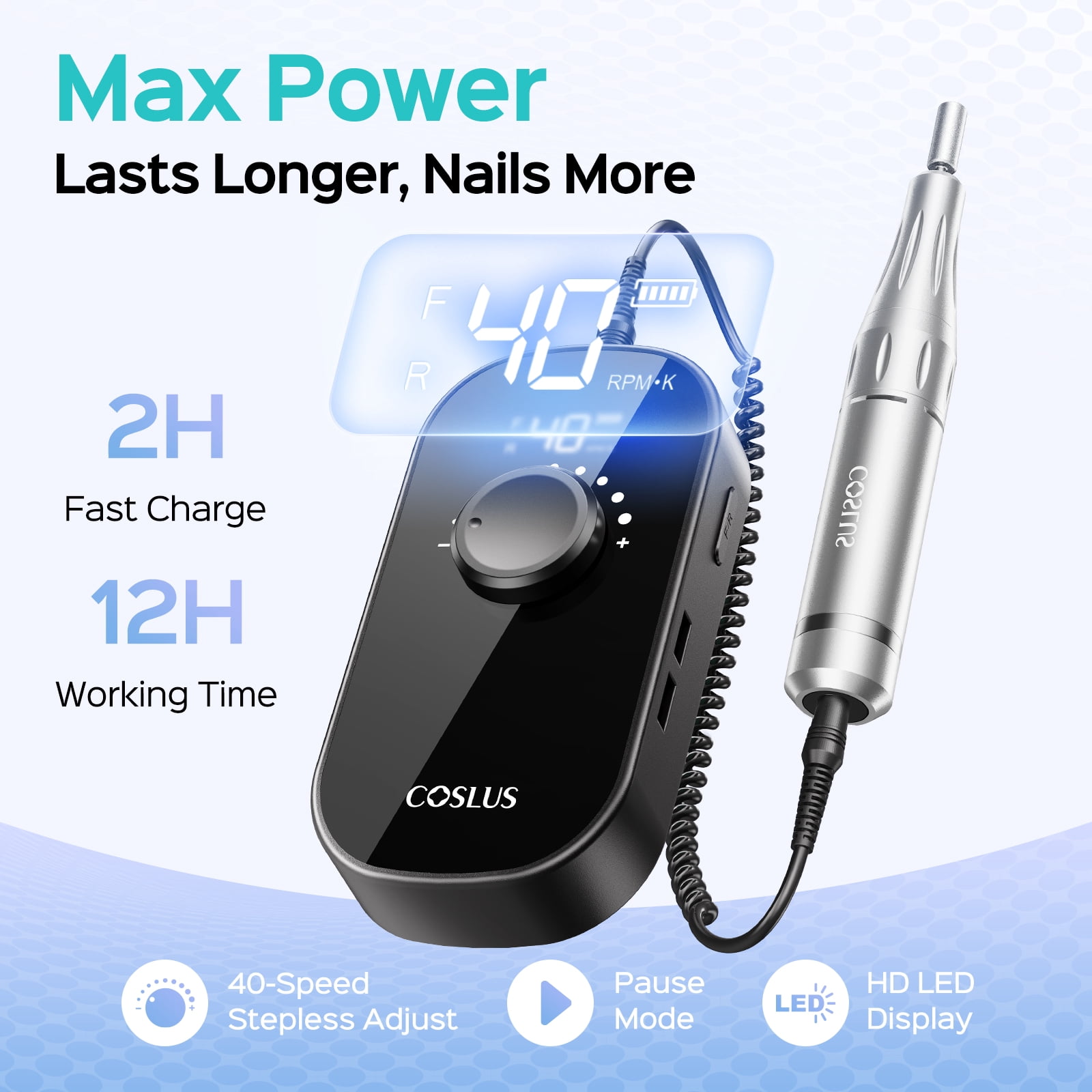 COSLUS Electric Nail Drill,40000 RPM Portable Nail File with Storage Stand,for Acrylic Gel,Black
