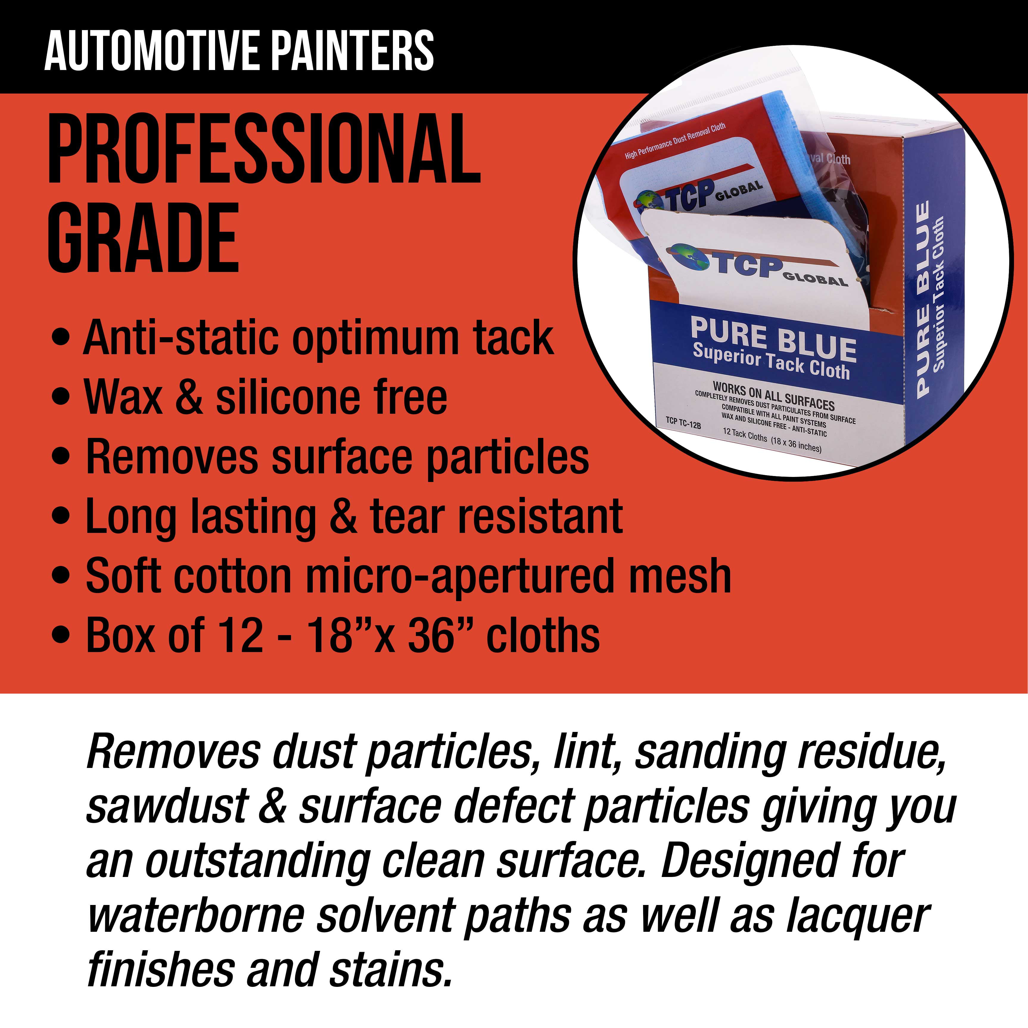 TCP Global - Pure Blue Low Tack Superior Tack Cloths - Tack Rags (Case of 144), Automotive Car Painters, Removes Dust Sanding Particles, Cleans