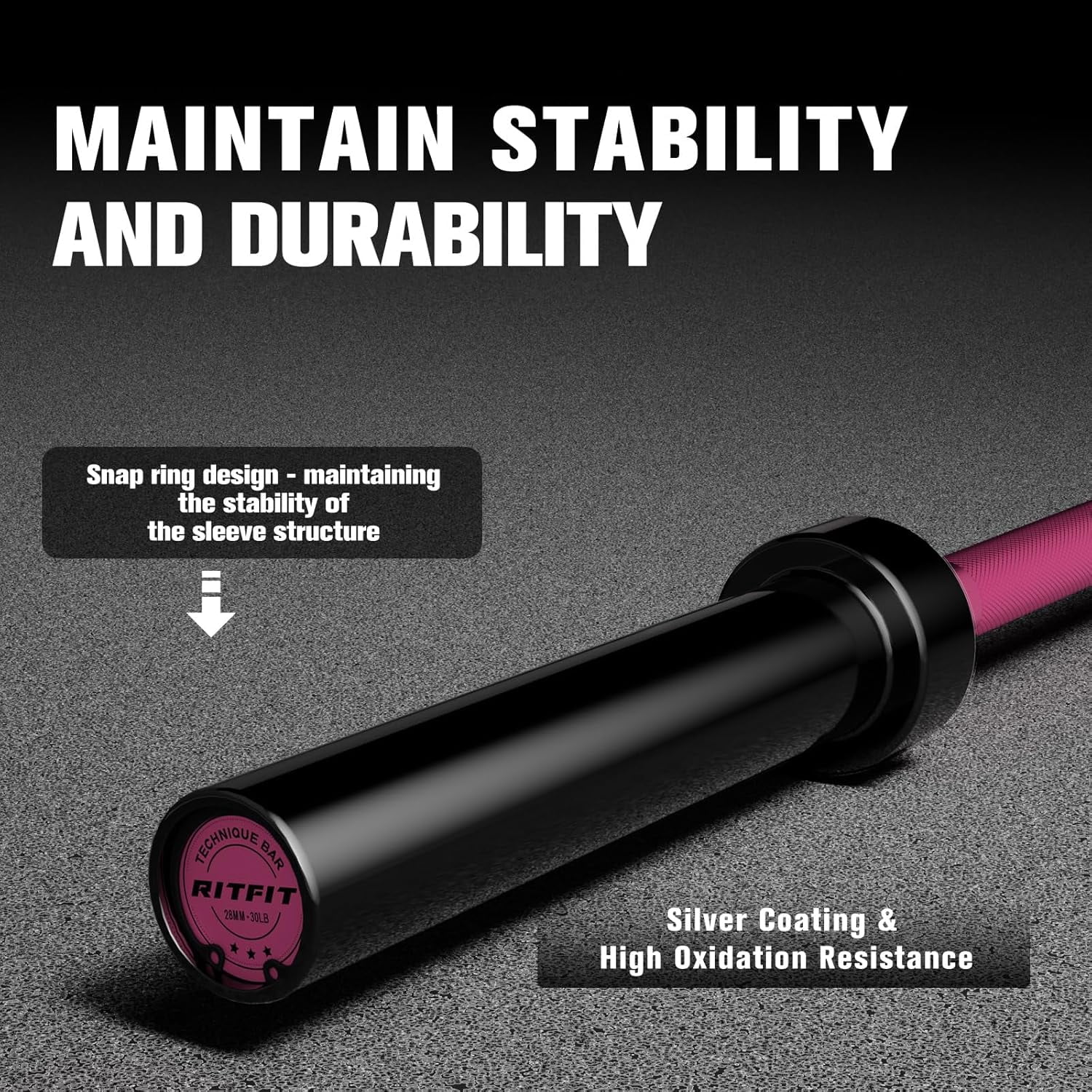 RitFit Olympic Barbell  6FT- 2 Inch Weight Bar for Strength Training, Weightlifting, Squat, Deadlift, Bench Press, Curl, Overhead Press - 500lbs Capacity Black/Pink