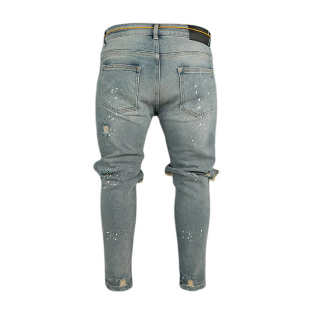 erklære kondensator Lingvistik Men's Slim Fit Stretch Destroyed Ripped Skinny Jeans Pants Side Striped  Ankle Zipper White Paint Dot Denim Pants - Walmart.com