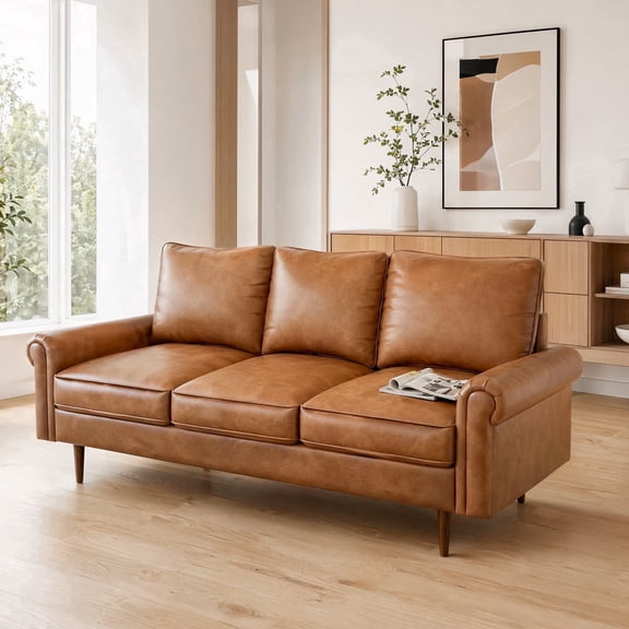 Koby Home 74" Loveseat Sofa with Wood Frame, Mid Century Modern Couch 3 Seater, Faux Leather Love Seat for Small Spaces Brown