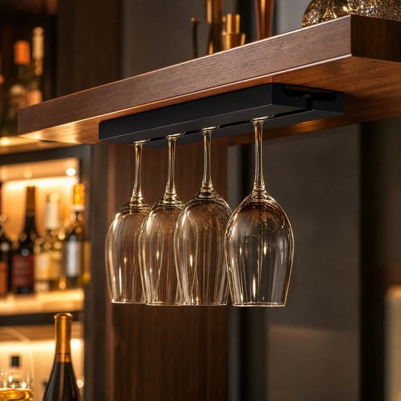 Under Cabinet Wine Glass Rack, Punch-Free Stemware Hanger, Black Metal Upside Down Goblet Organizer for Kitchen, Bar & Dining Room, Space Saving Stemware Storage​
