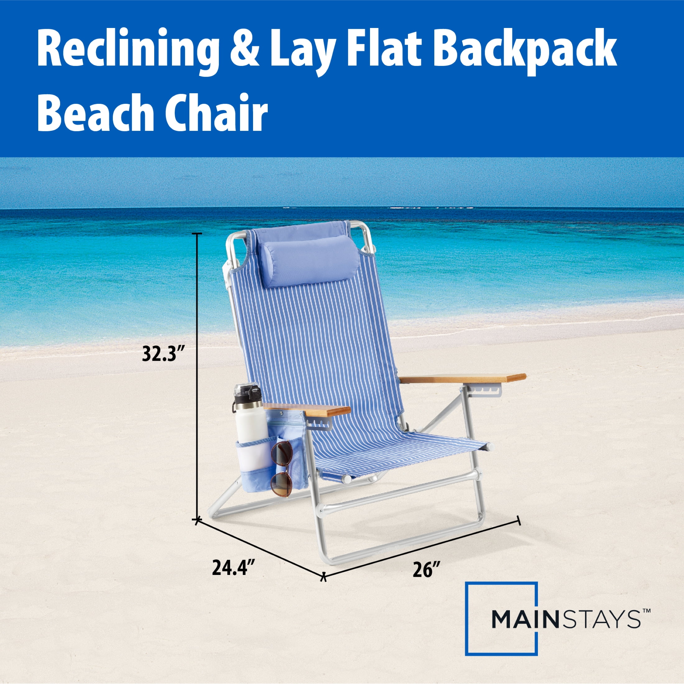 Mainstays Reclining Beach Chair with Backpack Straps and Wooden Armrests, Thin Blue Stripe