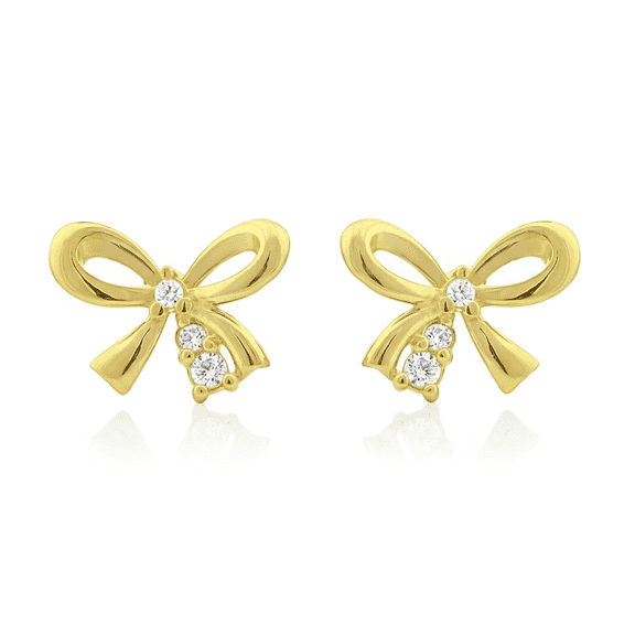 Vinali 14K Solid Yellow Gold Women's CZ Dainty Ribbon Bow Stud Earrings, 0.35in