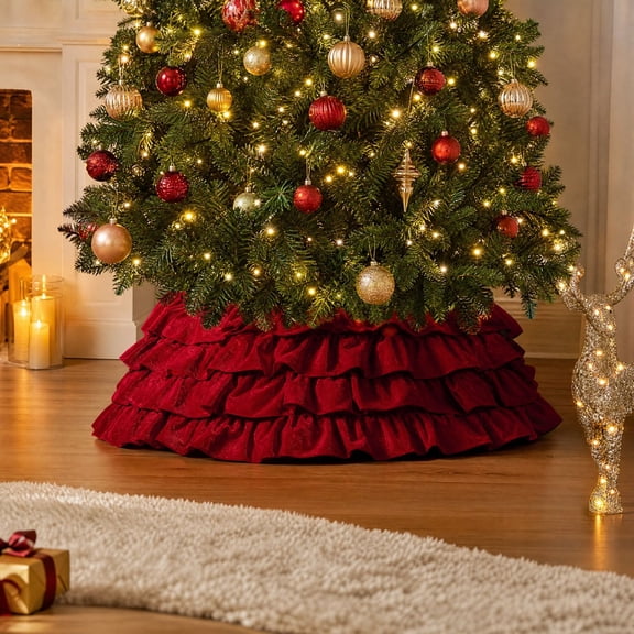 Sahpxhe Christmas Tree Collar, Vintage Multi Layer Ruffled Velvet Tree Base Skirt for Indoor Outdoor Home Holiday Decoration