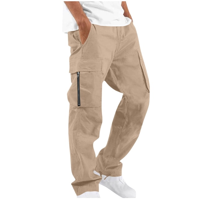 Ceisia Men's Solid Color Straight Leg Cargo Pants with Multi-Pockets for Outdoor & Casual Wear Khaki M Gifts