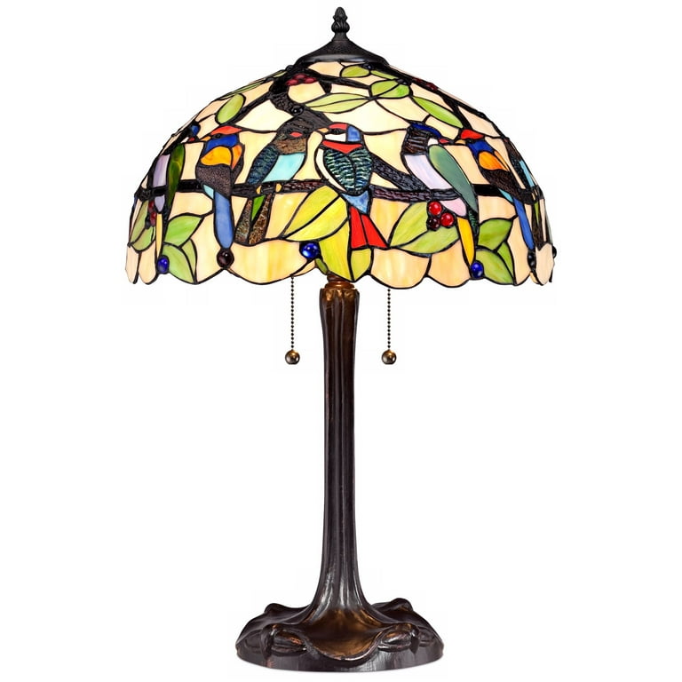 Robert louis tiffany traditional table lamp bronze tropical birds stained glass shade for living room family bedroom nightstand deals
