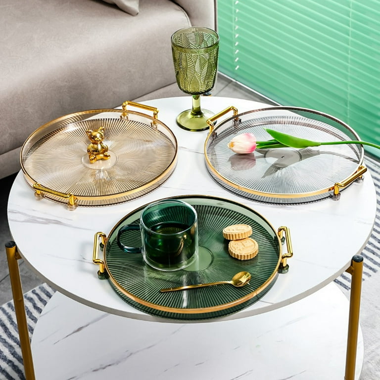 Luxury Round Serving Tray with Gold Handles Rim Border 11.6Inch Striple Plastic Serving Platters Cosmetics Organizer for Fruit Dessert Plate Green