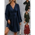 thumbnail image 6 of Women's Fall A-Line Midi Dress V-Neck Long Lantern Sleeve Elastic Waist Ruffle Flowy Swing Spring Dresses, 6 of 6