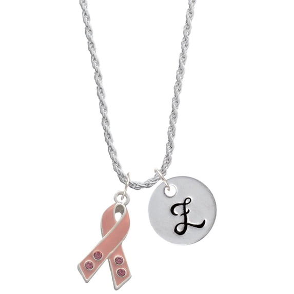 Delight Jewelry Silvertone Large Pink Ribbon with Crystals Silvertone Script Initial Disc - Z - Charm Necklace, 20"+3"
