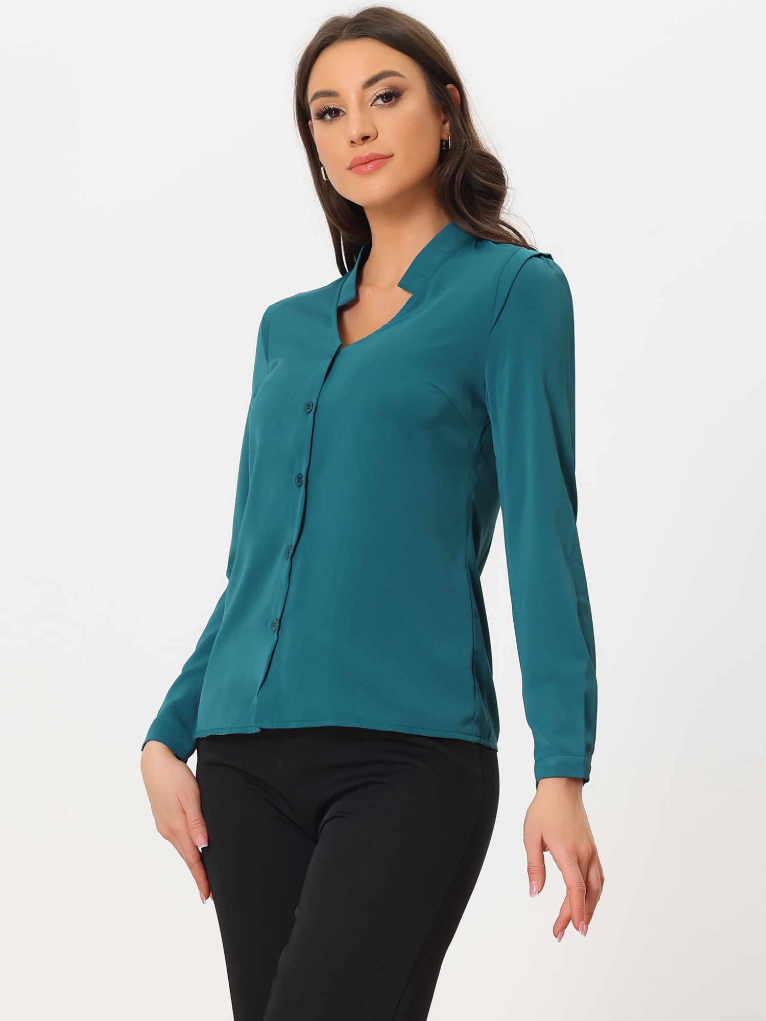 DARING DIVA Women's Elegant V Neck Long Sleeves Button Down Shirt S Lake Blue