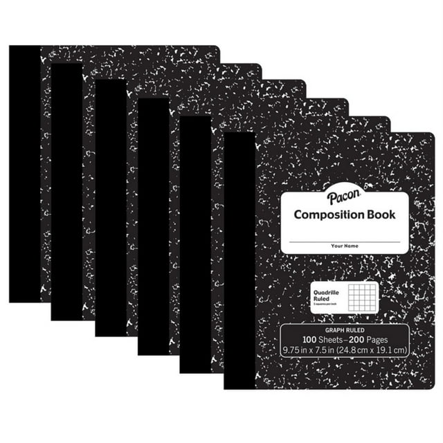 Pacon Composition Book, Black Marble, 1/5" Quadrille Ruled, 9-3/4" X 7-1/2", 100 Sheets, Pack Of 6