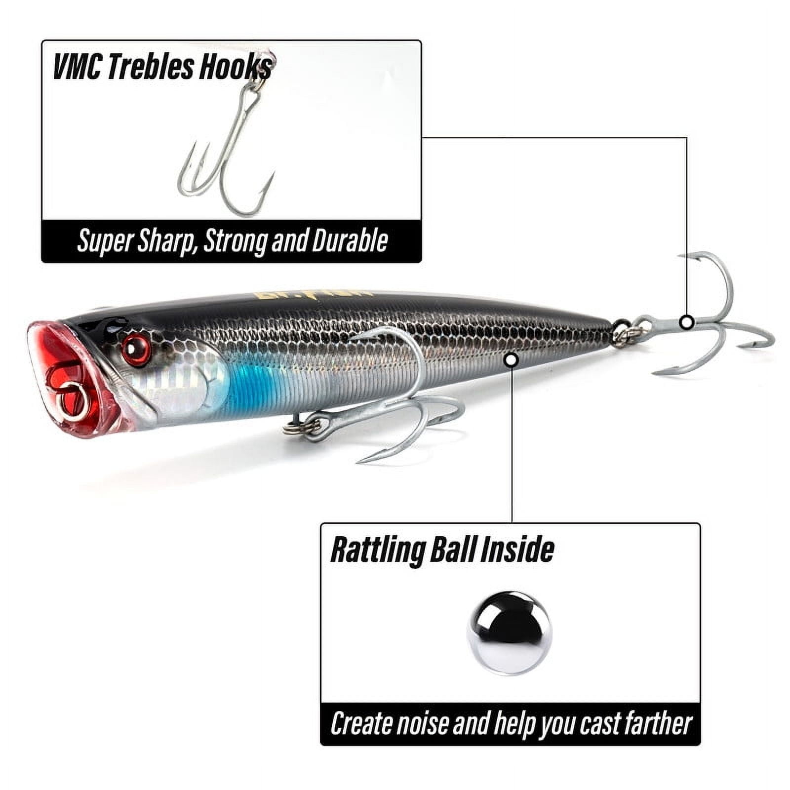 Dr.Fish Popper Saltwater Fishing Lures, 5.5 Inches GT Popper VMC Treble Hooks Surf Fishing Lures for Striper Pike Salmon Lures Bass Popper Fishing Plugs Offshore