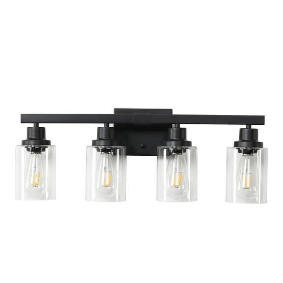 24" Black 4-Light Bathroom Vanity Light Fixture, Industrial Wall Sconce with Clear Glass Shades for Bathroom Lighting Over Mirror, Bedroom, Hallway – E26 Base (Bulbs Not Included)