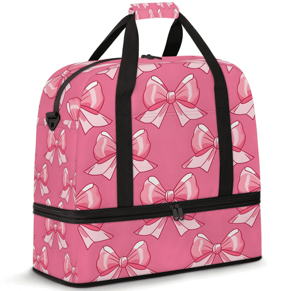 Herdesigns Pink Bow Foldable Travel Duffel Bag for Women Men, Weekend Overnight Carry On Bags with Shoe Compartment