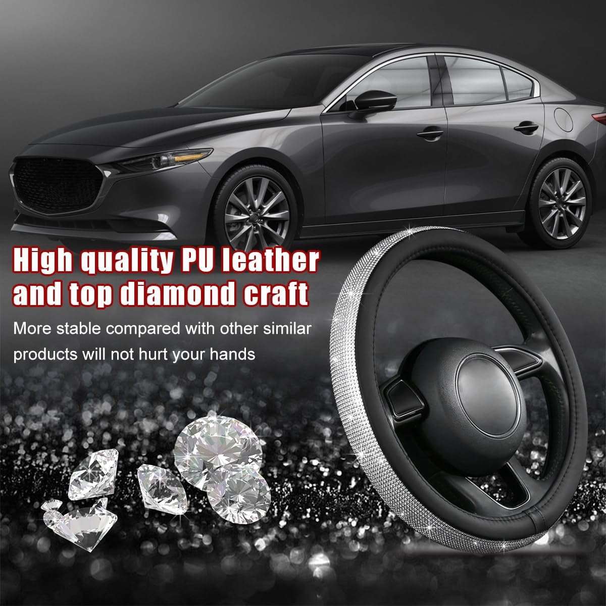 Sparkling Crystal Rhinestone Bling Car Steering Wheel Cover for Women Anti Slip Auto Wheel Protector Fit 15 Inch Steering Wheel Universal Car Accessories, White