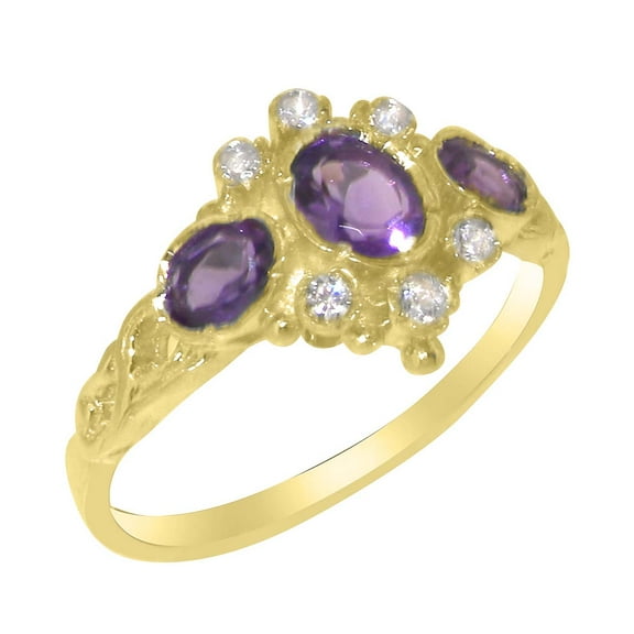 LBG English Made 9k Yellow Gold Natural Amethyst & Diamond Womens Anniversary Ring - Size 10