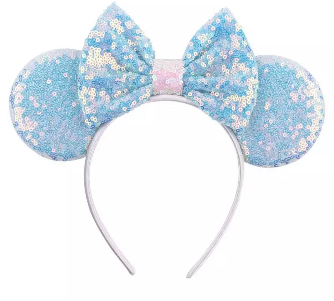 Minnie Mouse Headband Tiara Sparkly Silver Ears Teal Sequin Bow Frozen Mermaid 