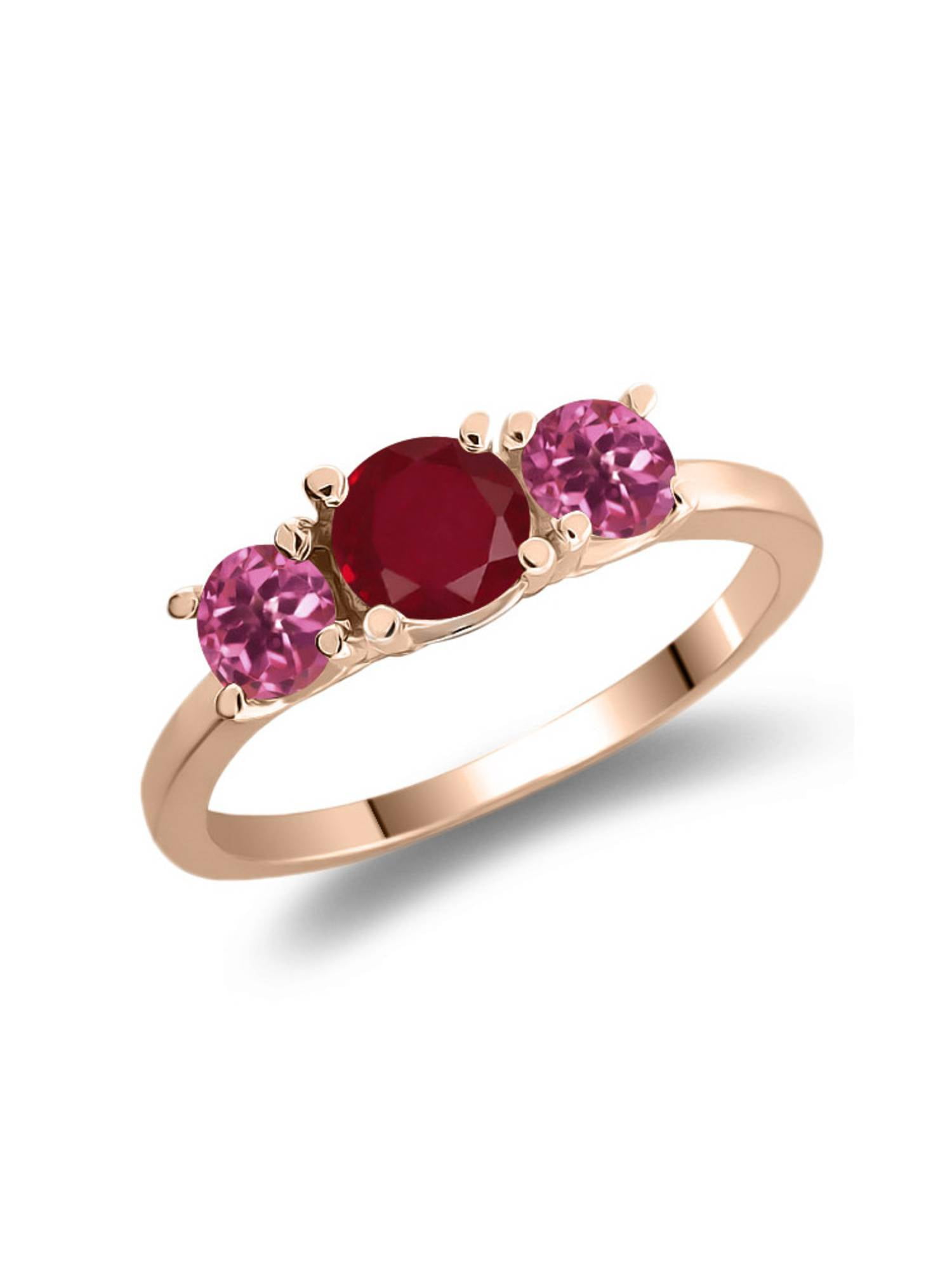 1.04 Ct Round Red Ruby Pink Tourmaline 925 Rose Gold Plated Silver 3-Stone Ring by