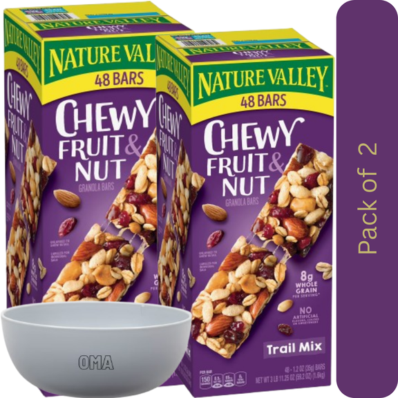 Nature Valley Chewy Trail Mix Fruit & Nut Granola Bars, 2 Pack (48 Ct Each) with White Bowl by OMA