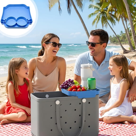 geerera Beach Bag Organizer Tray with Multislot Cup Holders, Extra Capacity Storage Tray for Beach Tote, Outdoor Picnic Beach Camping Accessory