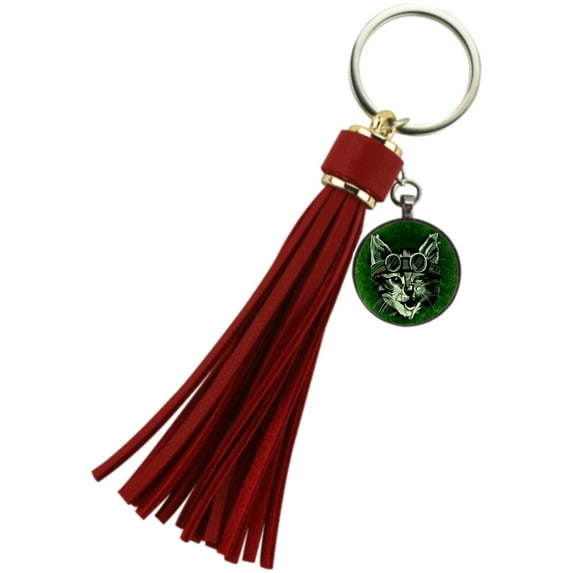 Key Chain Cat - Kitten with Aviators on Green Grunge Red Tassel Keychain