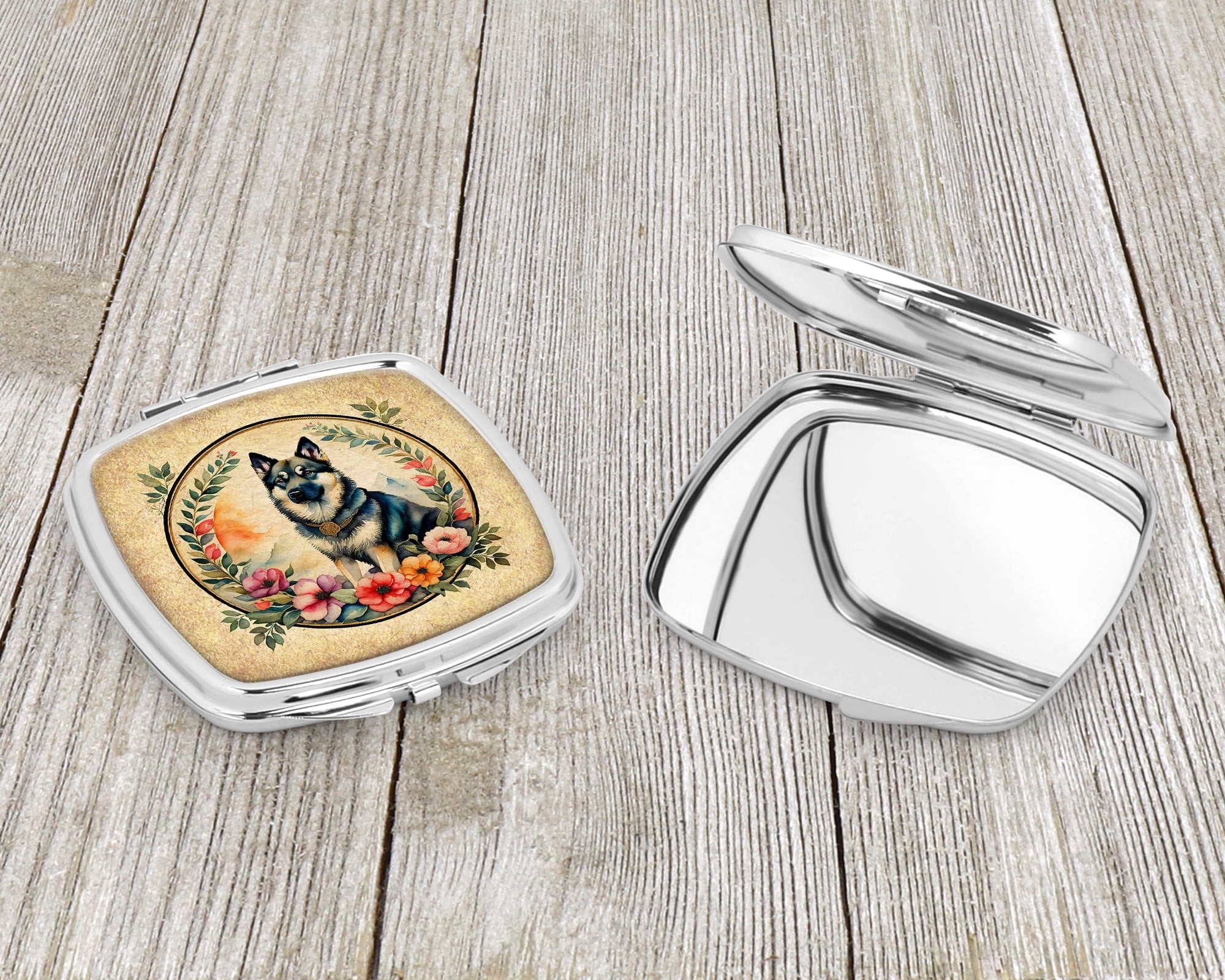 Norwegian Elkhound and Flowers Compact Mirror 2.75 in x 3 in