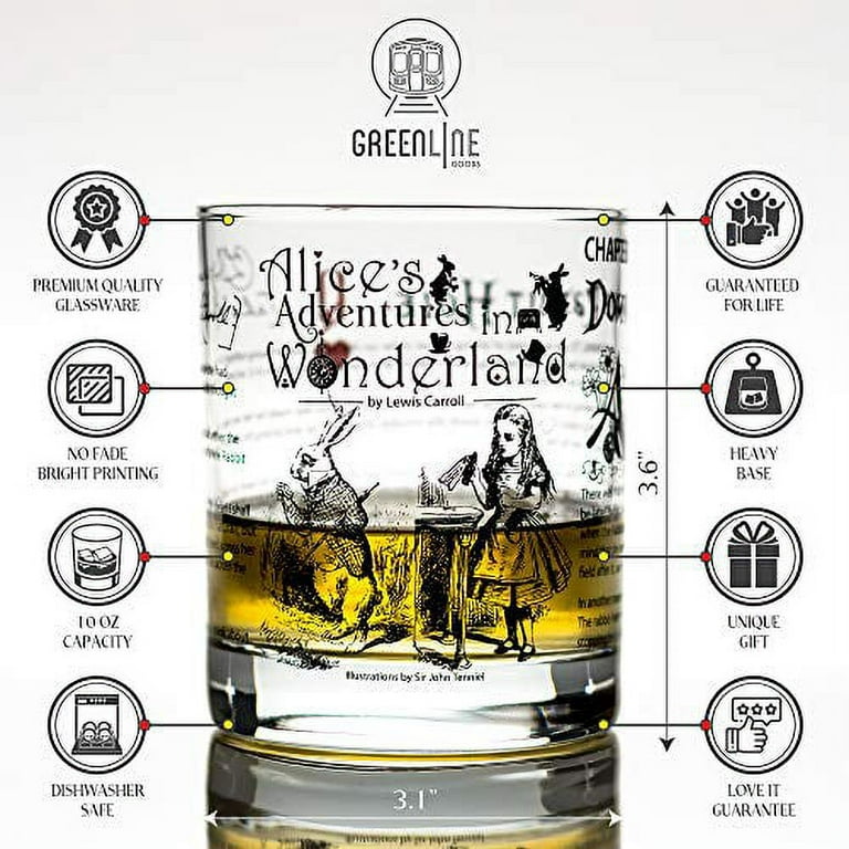 Greenline Goods Whiskey Glasses - Alice in Wonderland (Set of 2) |  Literature Rocks Glass with Lewis Carroll Book Images & Writing