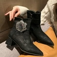 thumbnail image 5 of Xfvqtps Womens Pointed Toe Ankle Boots Chunky Heel Winter Fashion Booties with Rhinestone Flower Decor Side Zipper Dress Casual Shoes Black, 5 of 9