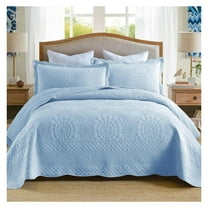 3-Piece 100% Cotton Oversized Bedspread Lightweight Quilt Coverlet Embroidery Farmhouse Bedding Set (Tf Light Blue, Queen (100"x106"))