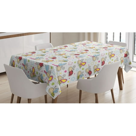 

Nursery Tablecloth Adorable Bugs with Colorful Flowers Ladybugs Dragonflies Bees Animal Fun Rectangular Table Cover for Dining Room Kitchen 60 X 90 Inches Pale Blue Pink Red by Ambesonne