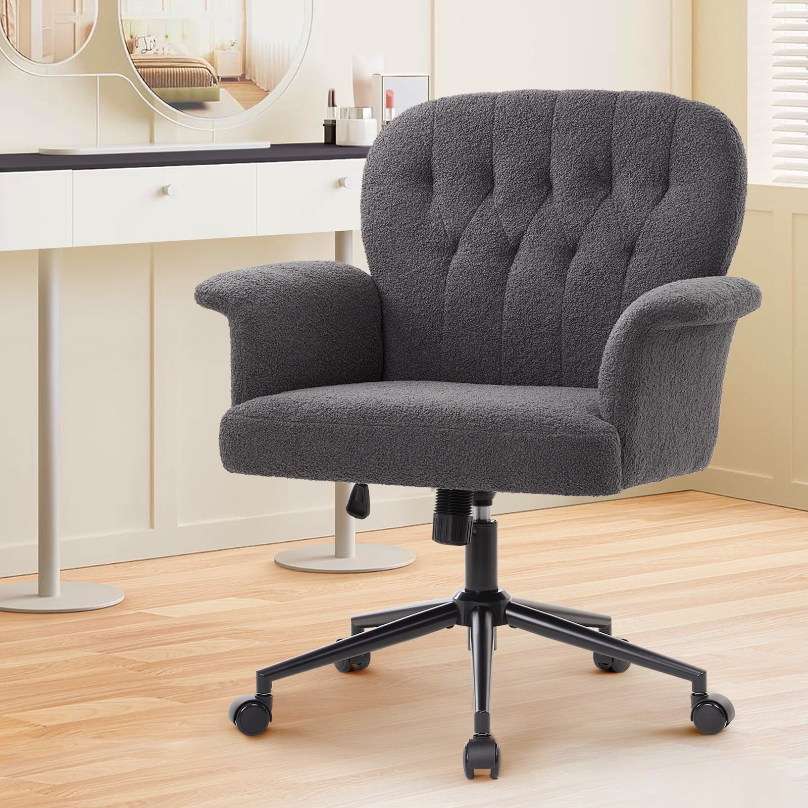Office Desk Chair, Soft Fabric Cozy Desk Chair with Wheels and Arms, Modern Upholstered High Back Wide Seat Vanity Chair for Bedroom Living Room Makeup (Dark Grey)