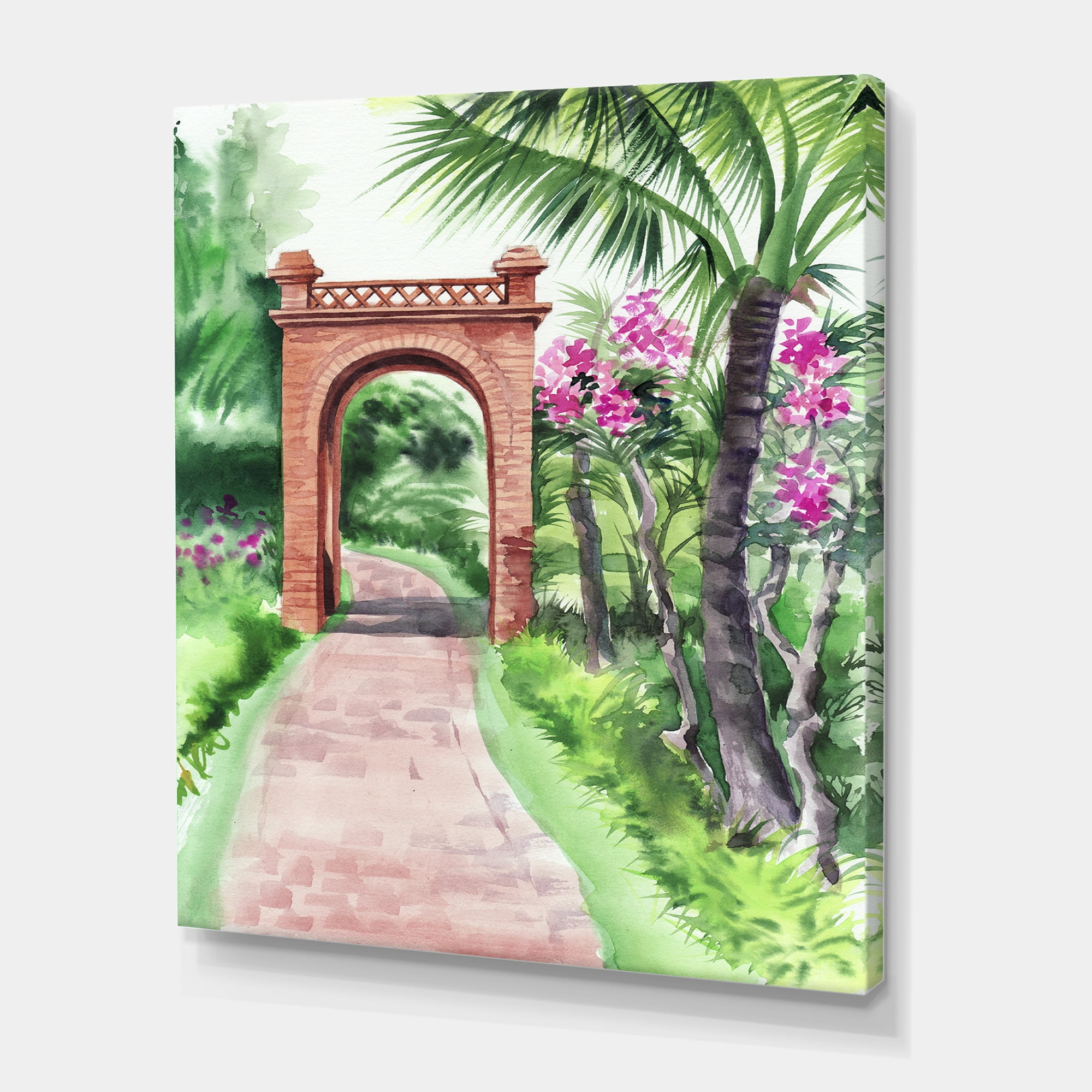 Traditional Gate On Path In Tropical Oasis 16 in x 32 in Painting Canvas Art Print, by Designart