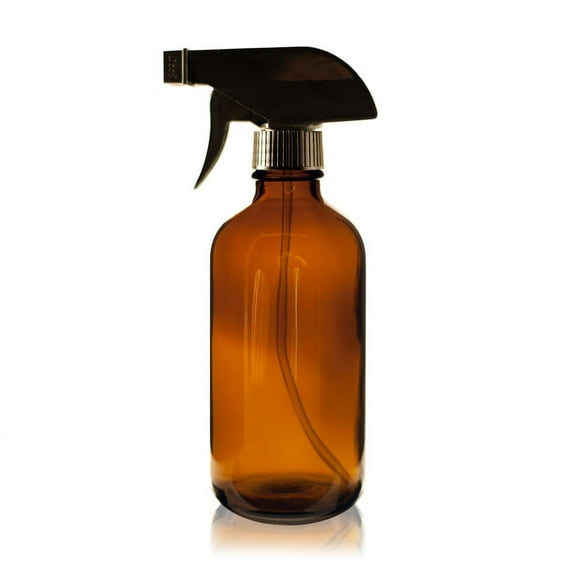 8 oz AMBER Boston Round Glass Bottle - w/ Black Trigger Sprayer - pack of 8
