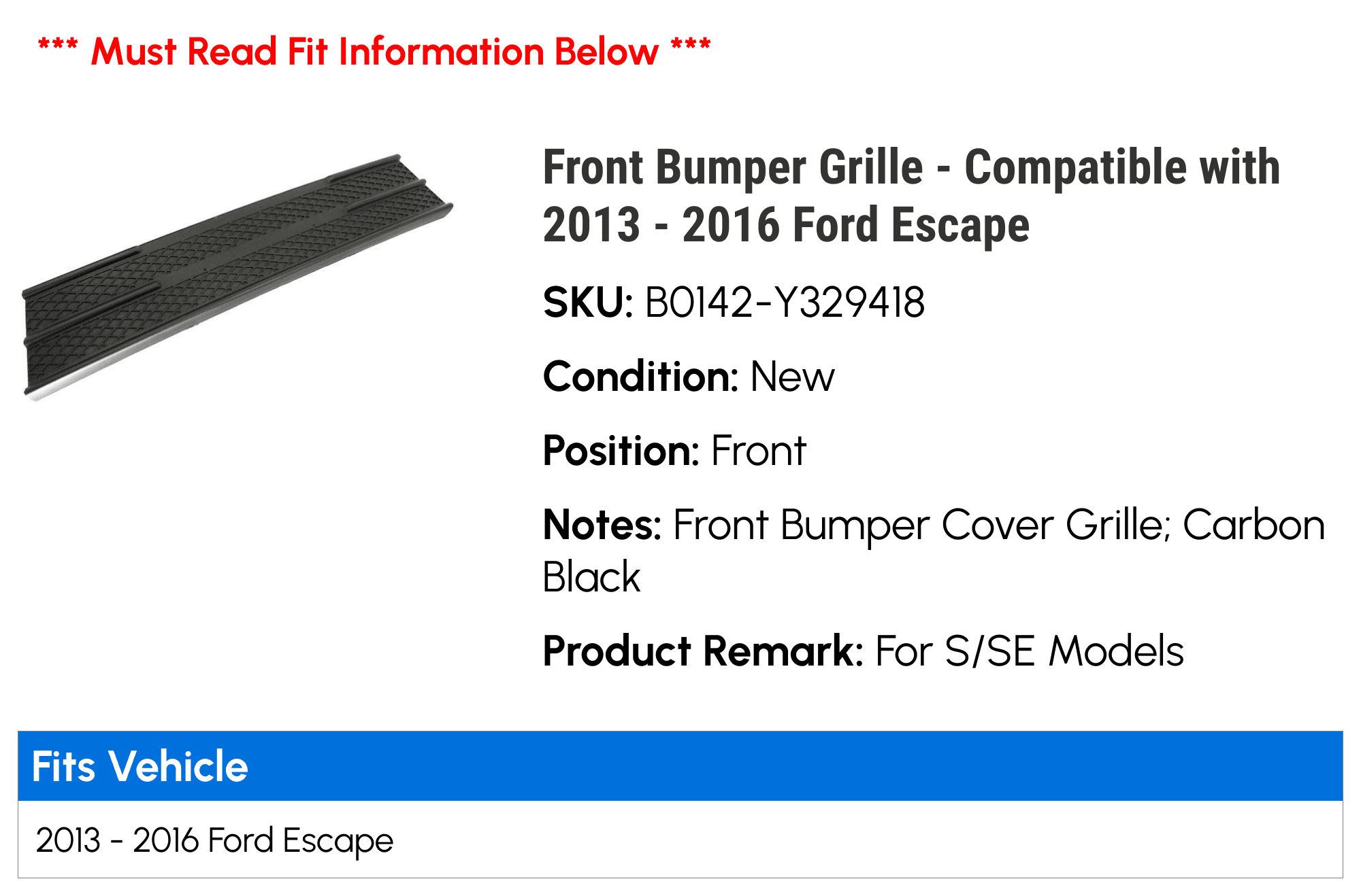 Front Bumper Grille - Compatible with 2013 - 2016 Ford Escape 2014 2015