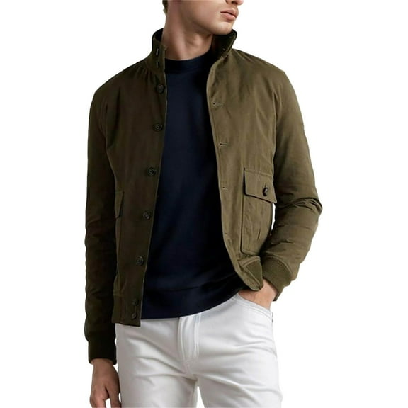 Male Autumn Winter Pocket Short Jacket Ribbed Panel Design Long Sleeve Stand Up Collar Jacket