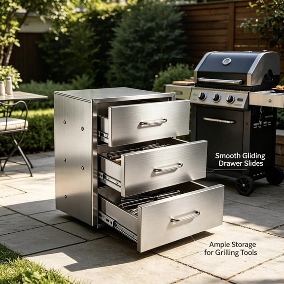 Large Capacity 28in Outdoor Grill Cabinet, Rustproof Grill Station Drawer, 304 Stainless Steel Smooth Glide BBQ Drawer for Home Garden Grill Area, Silver