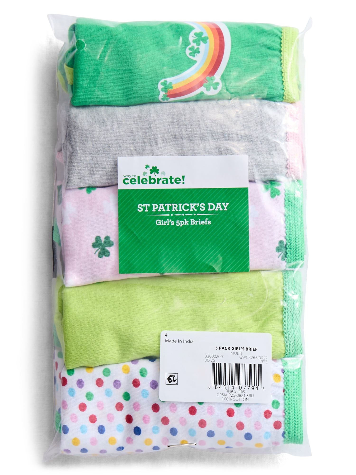 St Patrick's Day Girls Cotton Underwear Briefs from Way To Celebrate, 5-Pack, Sizes S-XL