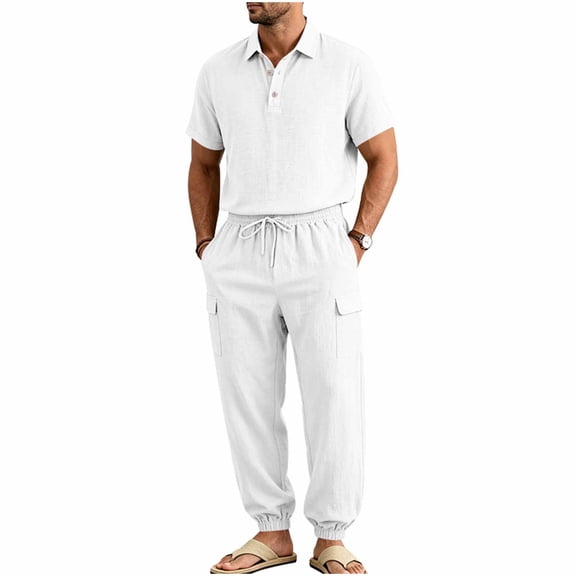 hotojiny Mens Summer 2 Piece Set Button Collared Short Sleeve Golf Shirt Cinch Bottoms Cargo Pants Walking Casual Outfits(White,X-Large)