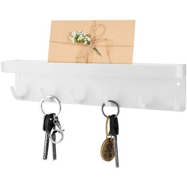 Porta llaves montado en la pared con 6 ganchos, organizador de correo adhesivo, estante de pared decorativo para entrada, pasillo, hogar (blanco) RUIOIU