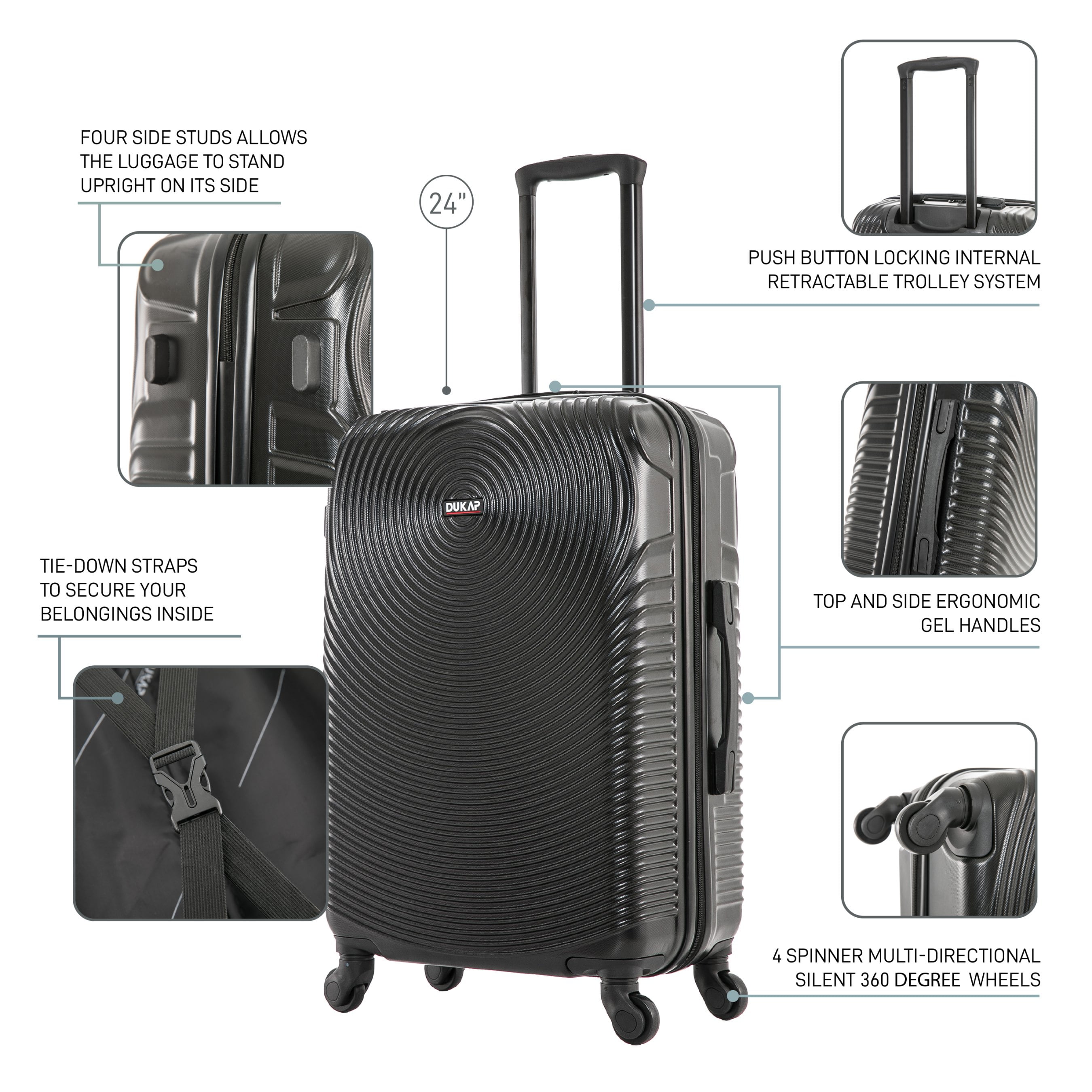 DUKAP Inception 24" Hardside Lightweight Luggage with Spinner Wheels, Handle and Trolley, Black