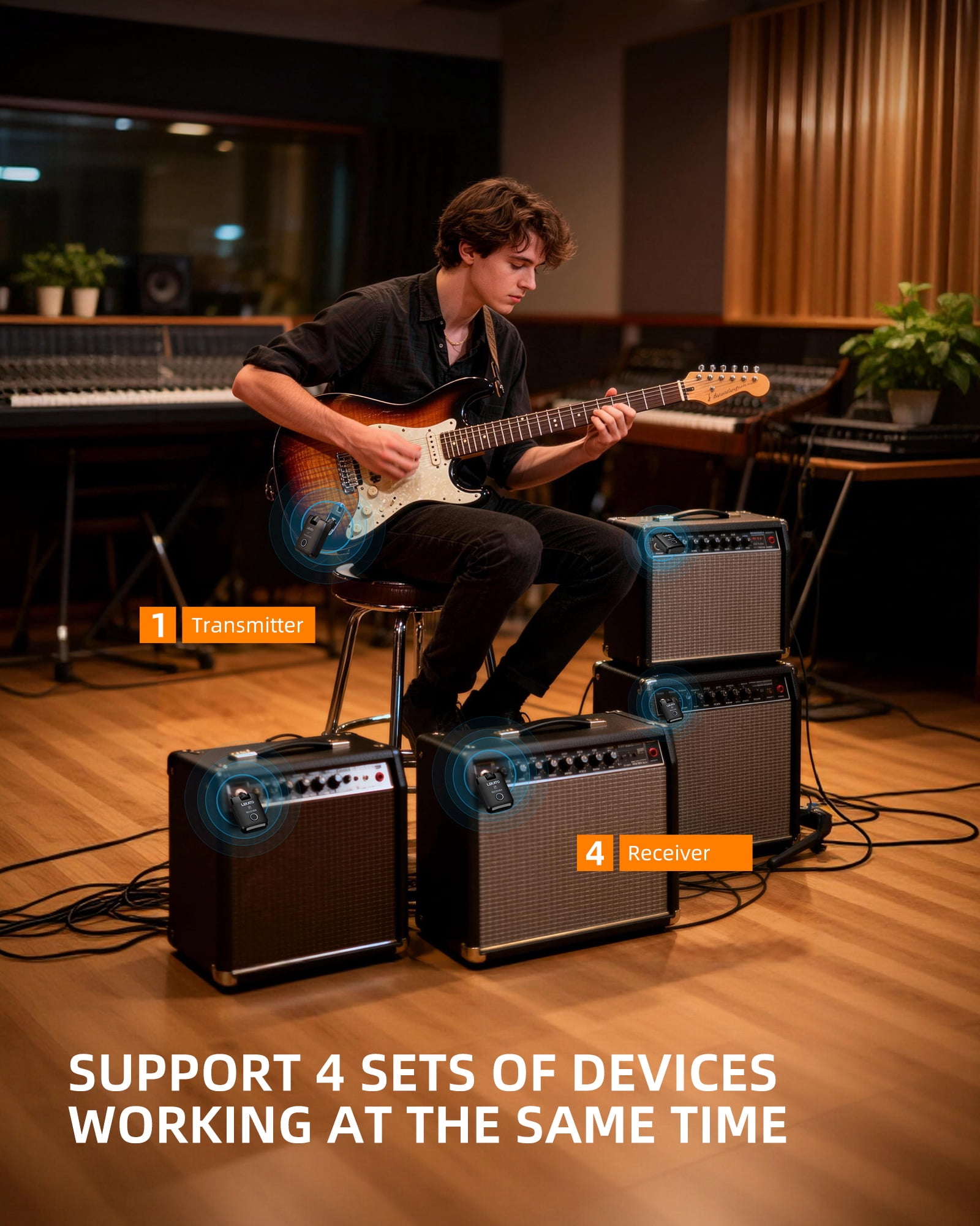 LEKATO WS-300 Wireless Guitar System with Charging Case 2.4 GHz Rechargeable Audio Wireless Guitar Transmitter Receiver High Fidelity Sound for Guitar Bass and Keyboard