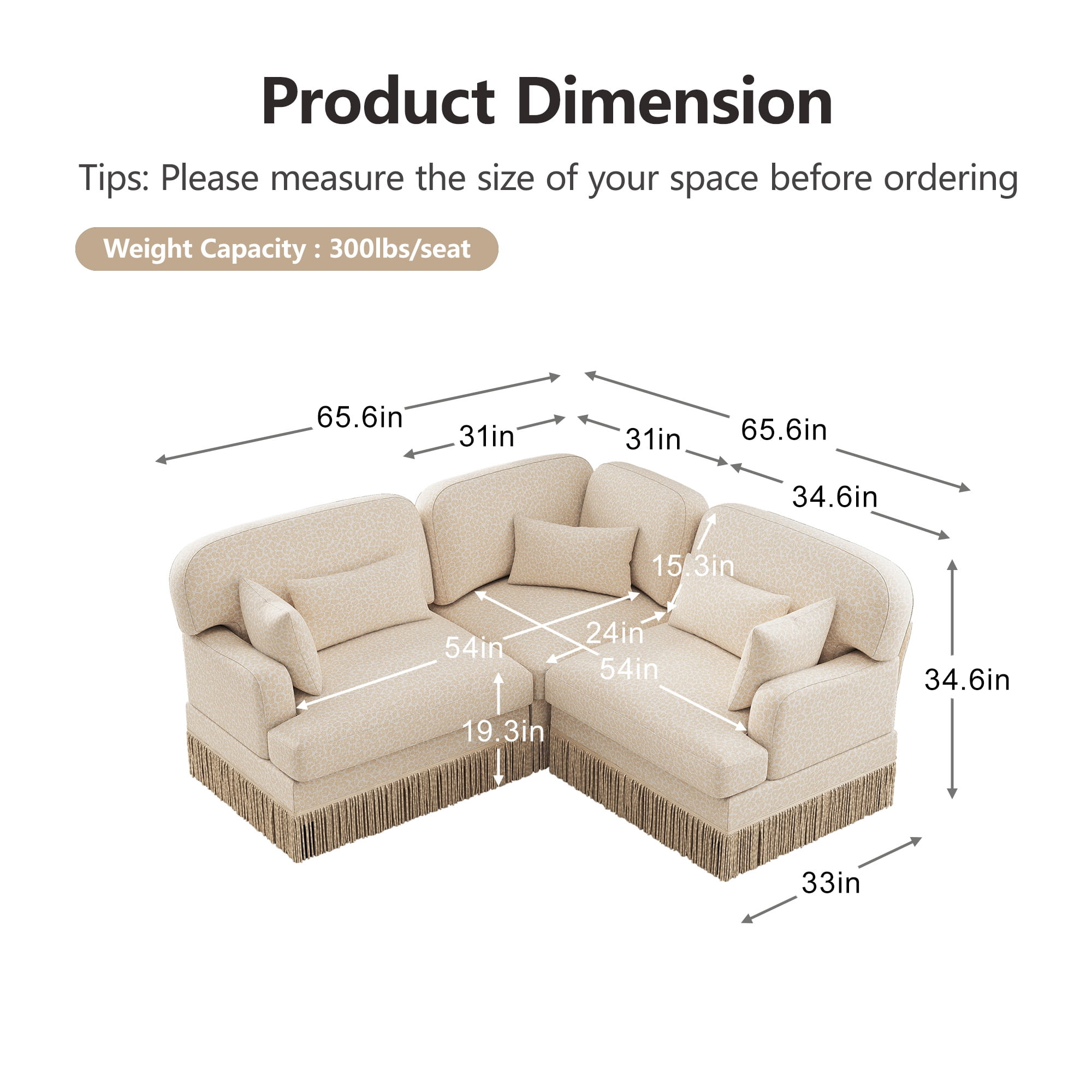 3 Seat Loveseat Sofa L Shaped Corner Couches Leopard Chenille Sofa Couches with Tassel and 2 Pillows