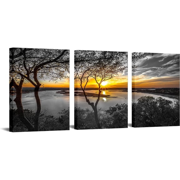 3 Piece Black and White Wall Art Golden Sunrise on Lake Picture Painting Print on Canvas Nature Landscape Poster for Living Room Bedroom Decor Framed Ready to Hang