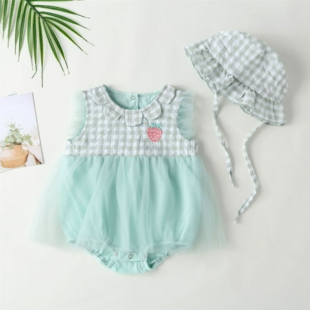 

Baby Girls Bodysuits Lace Jumpsuit Ruffles Strawberry Sleeveless Romper Onesie Sunsuit Outfits Set