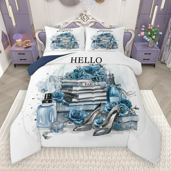 Manfei Girl Perfume High Heels Bedding Comforter Set,Watercolor Splashing Ink Twin Comforter Sets,Blue Flower Floral Bedding Set For Girls Kids,Microfiber Bedroom Decor Reversible,2-Piece
