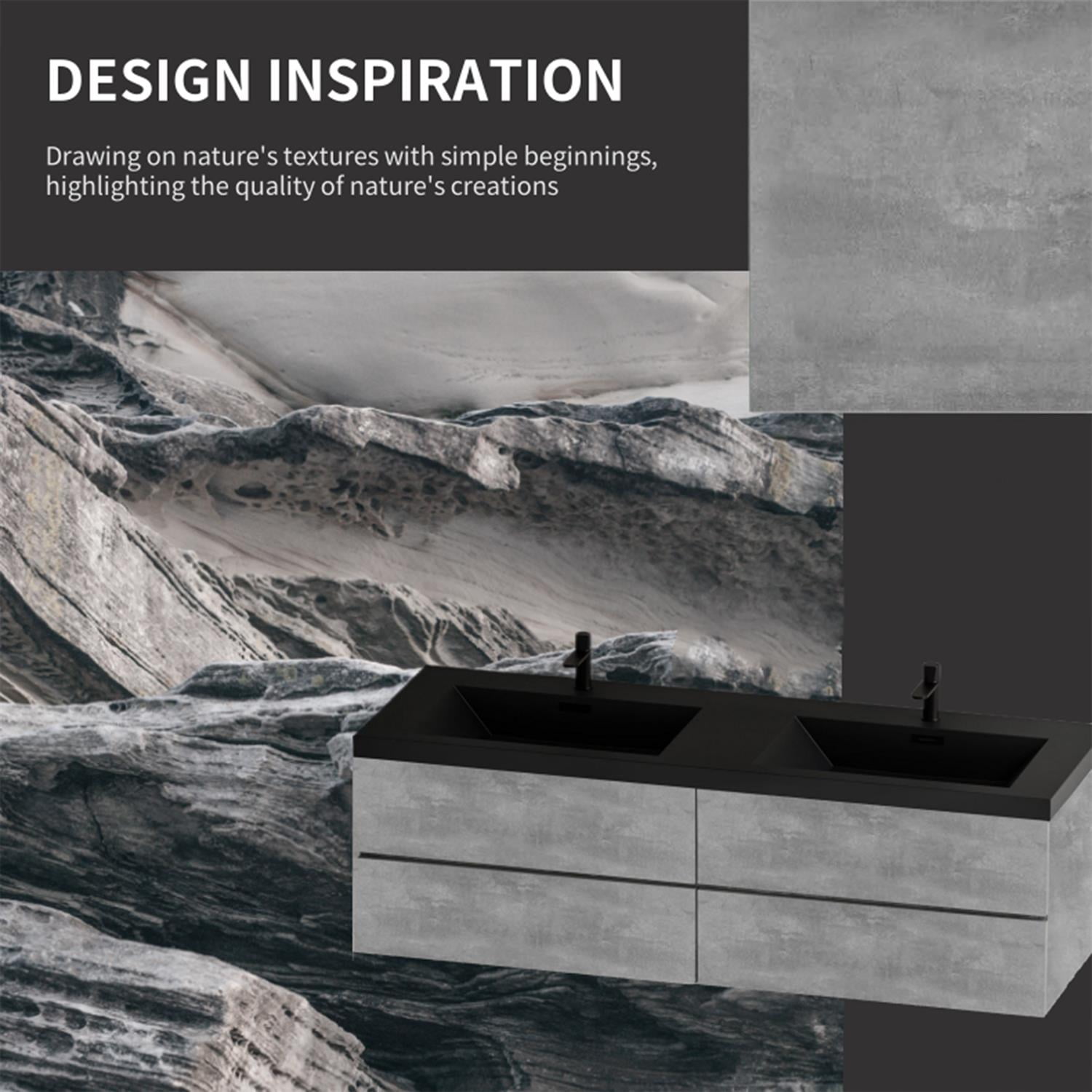 Demi Bonn 70" Floating Bathroom Vanity with Sink, Double Black Quartz Sand Top Basin and 4 Soft Close Drawers, Faucets and Drains Not Included, Gray