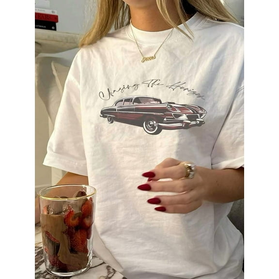 Short Sleeve Cotton Women's Vintage Car Print Casual Round Neck T-Shirt, Geometric Pattern, Regular Fit, Summer Fashion Top