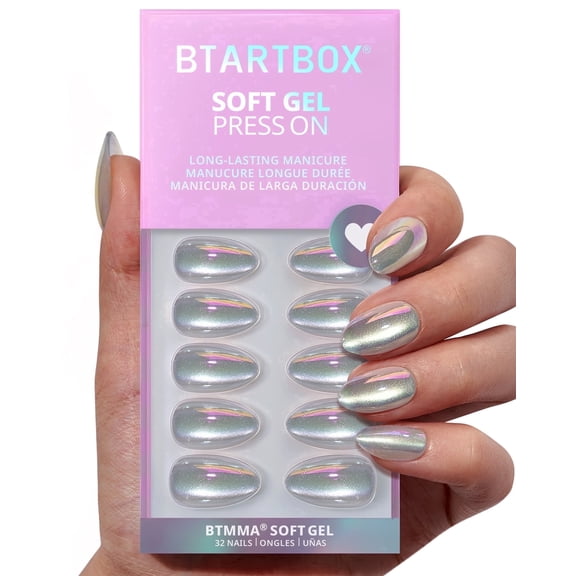 BTArtbox Press On Nails - Chaos Chrome, Medium Almond, 2-Week Wear, Easy-to-Apply, 32 Count All-in-One Kit
