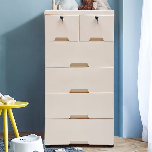 6-Drawer Storage Cabinet with Locks & Wheels, Slim Vertical Standing Cabinet Organizer for Bedroom, Living Room, Closet - Beige